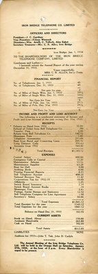 Iron Bridge Telephone Company Financial Report, 1933