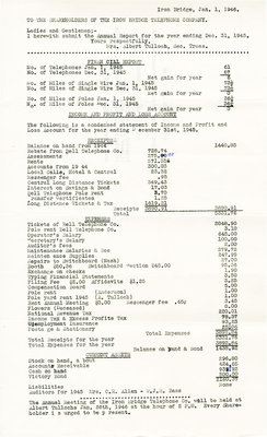 Iron Bridge Telephone Company Financial Report, 1945