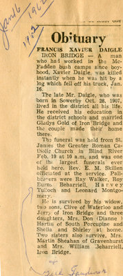 Francis Xavier Daigle Obituary, Iron Bridge, 1962