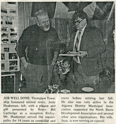 Retiring Reeve Jerry Haaksman Honored, Iron Bridge, circa 1980