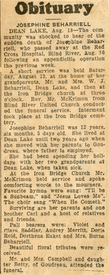 Josephine Beharriell Obituary, Dean Lake, 1939