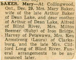 Mary Baker Obituary, Dean Lake, 1960