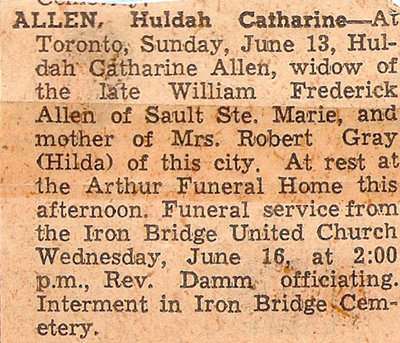 Obituary for Hulda Catherine Allen - June 1954