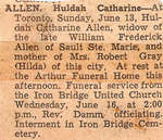 Obituary for Hulda Catherine Allen - June 1954