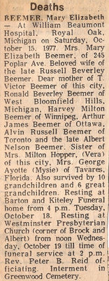 Obituary for Mary Elizabeth Beemer - 1977