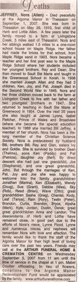 Obituary For Nora Allen - Jeffrey - September 2007