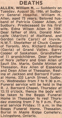 Obituary for William H. Allen - August 1986