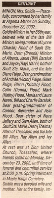 Obituary For Goldie Minion - December 2002