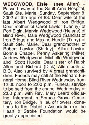 Obituary For Elsie Wedgwood - Sept 2002