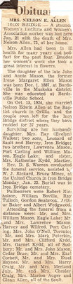 Obituary For Mrs. Nelson E. Allen - January 1961