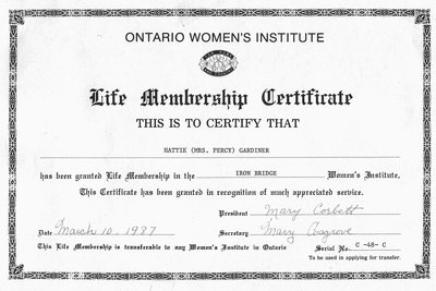 Ontario Women`s Institute Life Membership Certificate for Hattie Gardiner - 1975