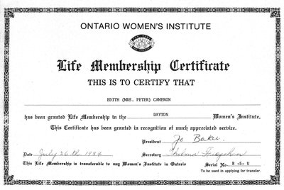 Ontario Women`s Institute Life Membership Certificate for Edith Cameron - 1984