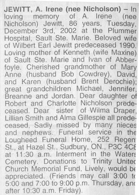 Obituary for A. Irene (nee Nicholson) Jewitt, Waters Township, 2002