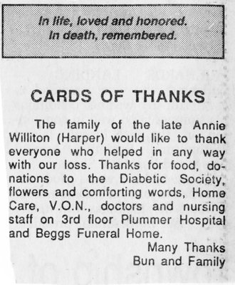 Card of Thanks re: Annie Williton (Harper), Huron Shores, 1995