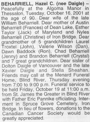 Obituary for Hazel (Beharriell) Daigle, Iron Bridge, 2001