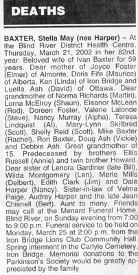 Obituary for Stella May Baxter (nee Harper), Iron Bridge, 2001