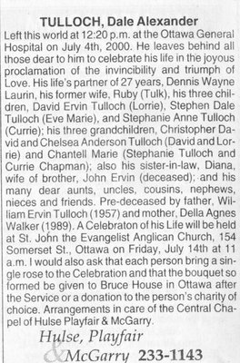 Obituary for Dale Alexander Tulloch, Ottawa, 2000