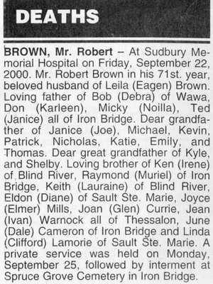 Obituary for Robert Brown, Iron Bridge, 2000