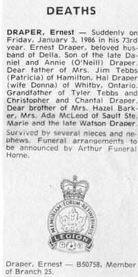 Obituary for Ernest Draper, Iron Bridge, 1986