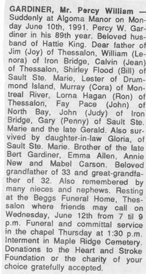 Obituary for Percy William Gardiner, Maple Ridge,1991