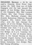 Obituary for Norman Degagne, Iron Bridge, 1989