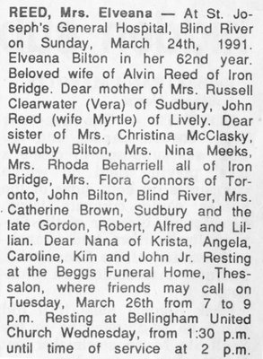 Obituary for Mrs. Elveana Reed, Bellingham, 1991