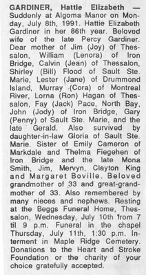 Obituary for Hattie Elizabeth Gardiner, Thessalon, 1991