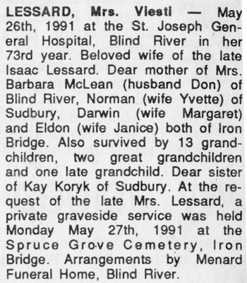 Obituary for Mrs. Viesti Lessard, Iron Bridge, 1991