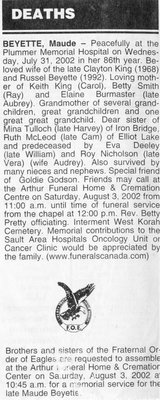 Obituary for Maude Beyette, Sault Ste. Marie, 1997