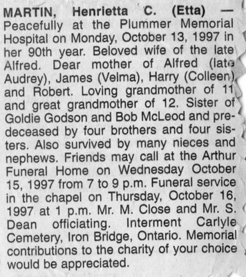 Obituary for Henrietta C. (Etta) Martin, Iron Bridge, 1997