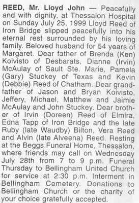 Obituary for Lloyd John Reed, Bellingham, 1999