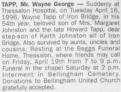 Obituary for Mr. Wayne George Tapp, Bellingham, 1996