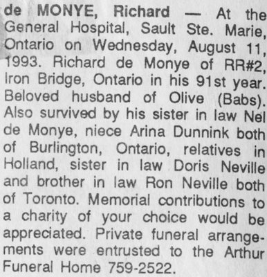 Obituary for Richard de Monye, Iron Bridge, 1993