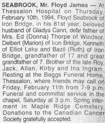 Obituary for Floyd James Seabrook, Thessalon, 1994