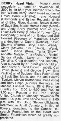 Obituary for Hazel Viola Berry, Iron Bridge, 2000