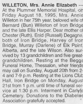 Obituary for Annie Elizabeth Willeton,1995