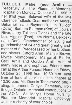 Obituary for Mabel (nee Arnill) Tulloch, Iron Bridge, 1996