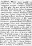 Obituary for Mabel (nee Arnill) Tulloch, Iron Bridge, 1996