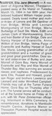 Obituary for Ella Jane (Morrell) Harper, Thessalon, 1994