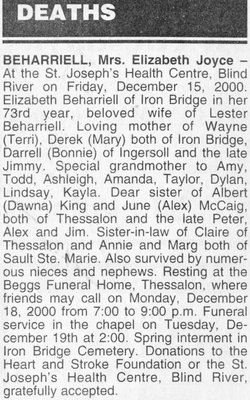 Obituary for Elizabeth Joyce Beharriell, Iron Bridge, 2000