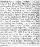 Obituary for Ralph Gordon Hermiston, Iron Bridge,1999
