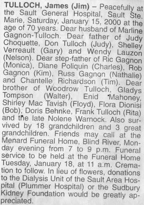 Obituary for James Tulloch, Blind River, 2000