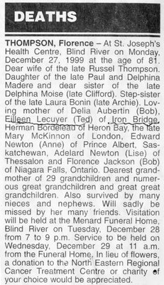 Obituary for Florence Thompson, Blind River, 1999