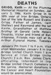 Obituary for Keith Grigg, Iron Bridge, 1986