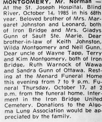 Obituary for Norman Montgomery, Iron Bridge, 1985