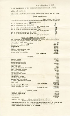 Iron Bridge Telephone Company Financial Report, 1938