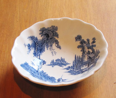 Small China Bowl White and Blue Pattern (Old Mill by Johnson Brothers), Circa 1955