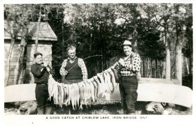 Three Men With Catch, Chiblow Lake, Iron Bridge, Circa 1930