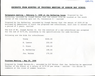 Trustees meeting minutes from Gordon Bay School, 1898