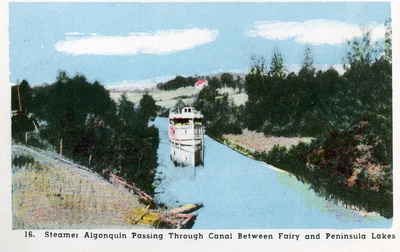 Steamboat Algonquin passing through the Canal between Fairy and Peninsula Lakes, Huntsville, Ontario.